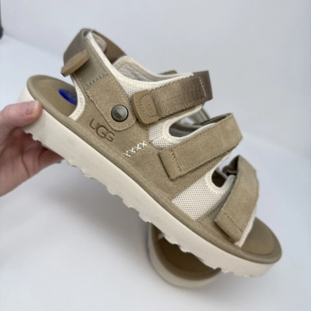 UGG GoldenGlow‎ Mens Size 10 Sandal Sand Tan Suede Mesh Strappy 1153095 NEW
